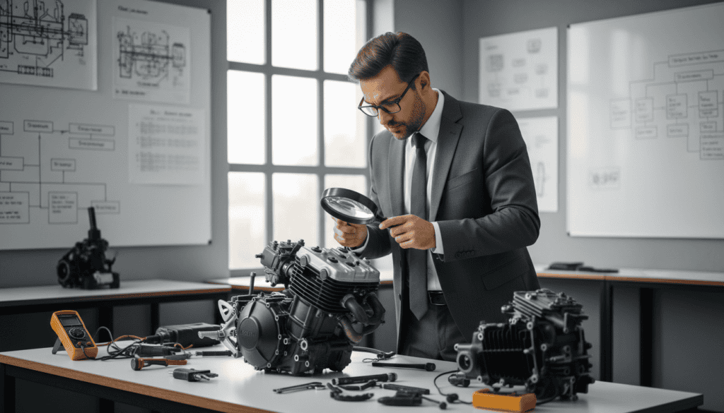 A confident forensic expert stands in a well-lit laboratory, examining a motorcycle's complex components with a magnifying glass. His professional attire— a tailored suit with a crisp white shirt— conveys authority and expertise. Surrounding him are various technical tools and diagrams on the walls, showcasing meticulous analysis. In the background, a large window lets in soft, natural light, creating a bright and focused atmosphere. The expert’s intense expression reflects his role in providing an unbiased technical assessment, emphasizing the importance of independence in forensic analysis. The camera angle captures the scene from a slightly elevated perspective, providing a clear view of both the expert and the intricate details of the motorcycle beneath his scrutiny. A confident forensic expert stands in a well-lit laboratory, examining a motorcycle's complex components with a magnifying glass. His professional attire— a tailored suit with a crisp white shirt— conveys authority and expertise. Surrounding him are various technical tools and diagrams on the walls, showcasing meticulous analysis. In the background, a large window lets in soft, natural light, creating a bright and focused atmosphere. The expert’s intense expression reflects his role in providing an unbiased technical assessment, emphasizing the importance of independence in forensic analysis. The camera angle captures the scene from a slightly elevated perspective, providing a clear view of both the expert and the intricate details of the motorcycle beneath his scrutiny.