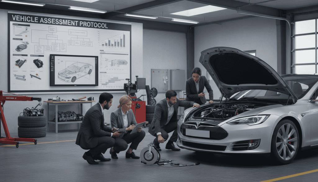 A detailed and professional scene depicting different types of technical expertise in automotive assessment. In the foreground, a diverse group of professionals in business attire is gathered around a car, examining it meticulously with tools and documents in hand. The middle ground shows an open garage with various tools and technical equipment, indicating a thorough evaluation process. In the background, a large whiteboard features diagrams and charts related to vehicle assessments. The lighting is bright and natural, streaming in through overhead windows, creating a focused and analytical atmosphere. The camera angle is slightly elevated, providing a comprehensive view of the scene, emphasizing professionalism and collaboration in the technical analysis process. A detailed and professional scene depicting different types of technical expertise in automotive assessment. In the foreground, a diverse group of professionals in business attire is gathered around a car, examining it meticulously with tools and documents in hand. The middle ground shows an open garage with various tools and technical equipment, indicating a thorough evaluation process. In the background, a large whiteboard features diagrams and charts related to vehicle assessments. The lighting is bright and natural, streaming in through overhead windows, creating a focused and analytical atmosphere. The camera angle is slightly elevated, providing a comprehensive view of the scene, emphasizing professionalism and collaboration in the technical analysis process.