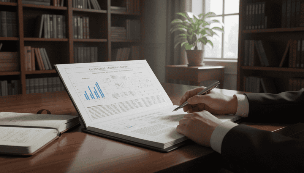 A detailed and technical report of engineering expertise displayed prominently on a wooden desk in a well-lit office environment. The foreground features the open report with clear, meticulous diagrams, charts, and typed text, emphasizing professionalism and thoroughness. In the middle, a pair of professional business attire-clad hands are gently holding a pen, poised to write notes, reflecting engagement with the document. The background showcases shelves filled with engineering books and a potted plant, adding a touch of warmth. Soft, natural light streams through a window, creating a calm and focused atmosphere. The image should evoke a sense of professionalism, diligence, and the importance of technical expertise in determining compensation. A detailed and technical report of engineering expertise displayed prominently on a wooden desk in a well-lit office environment. The foreground features the open report with clear, meticulous diagrams, charts, and typed text, emphasizing professionalism and thoroughness. In the middle, a pair of professional business attire-clad hands are gently holding a pen, poised to write notes, reflecting engagement with the document. The background showcases shelves filled with engineering books and a potted plant, adding a touch of warmth. Soft, natural light streams through a window, creating a calm and focused atmosphere. The image should evoke a sense of professionalism, diligence, and the importance of technical expertise in determining compensation.