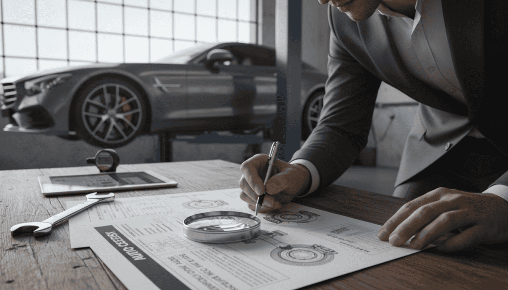 A detailed automotive inspection report laid out on a wooden desk, with a sleek car in the background, partially visible through a large workshop window. In the foreground, a magnifying glass rests on top of the report, highlighting critical sections and technical diagrams. Soft, natural light streams in from the window, creating an inviting yet professional atmosphere. On the desk, there are also tools like a wrench and a tire gauge, emphasizing the technical aspect of the assessment. A technician in a smart business suit, examining the report, adds a human touch while remaining focused on the task. The overall mood is serious and analytical, underscoring the thoroughness of the technical evaluation process.