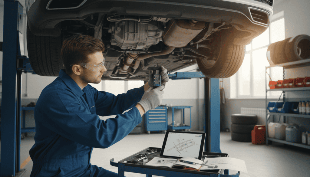 A detailed automotive inspection scene in a well-lit workshop, showcasing a focused professional wearing a blue jumpsuit and safety glasses, meticulously examining a vehicle's undercarriage with diagnostic tools. In the foreground, highlight the expert's hands holding a measuring device, emphasizing precision. The middle ground features the vehicle on a hydraulic lift, showcasing its exposed components, with tools and technical documents scattered around. The background shows shelves with auto parts and a large window allowing natural light to flood in, creating an inviting atmosphere. Use a slightly elevated angle to capture the entire scene, conveying a sense of diligence and expertise, with soft, even lighting to highlight the intricate details of the inspection process. A detailed automotive inspection scene in a well-lit workshop, showcasing a focused professional wearing a blue jumpsuit and safety glasses, meticulously examining a vehicle's undercarriage with diagnostic tools. In the foreground, highlight the expert's hands holding a measuring device, emphasizing precision. The middle ground features the vehicle on a hydraulic lift, showcasing its exposed components, with tools and technical documents scattered around. The background shows shelves with auto parts and a large window allowing natural light to flood in, creating an inviting atmosphere. Use a slightly elevated angle to capture the entire scene, conveying a sense of diligence and expertise, with soft, even lighting to highlight the intricate details of the inspection process.