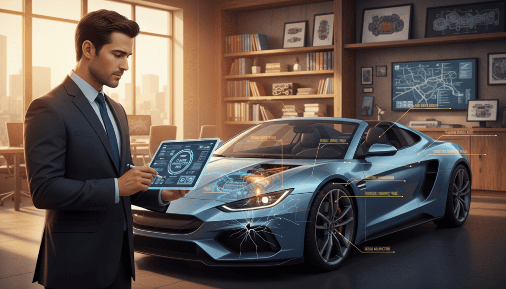 A detailed illustration depicting an insurance claims analysis scene. In the foreground, a professional insurance expert, dressed in a tailored suit, is intently examining a vehicle with a high-tech tablet in hand, analyzing data. In the middle, the vehicle is shown with various parts highlighted, displaying technical diagrams and annotations illustrating its condition and damages. In the background, an office with soft ambient lighting creates a focused atmosphere, featuring shelves filled with technical manuals and images of car components. The scene captures a sense of professionalism and meticulous attention to detail, conveying the future of technical analysis in insurance claims, with a warm color palette suggesting optimism and progress. A detailed illustration depicting an insurance claims analysis scene. In the foreground, a professional insurance expert, dressed in a tailored suit, is intently examining a vehicle with a high-tech tablet in hand, analyzing data. In the middle, the vehicle is shown with various parts highlighted, displaying technical diagrams and annotations illustrating its condition and damages. In the background, an office with soft ambient lighting creates a focused atmosphere, featuring shelves filled with technical manuals and images of car components. The scene captures a sense of professionalism and meticulous attention to detail, conveying the future of technical analysis in insurance claims, with a warm color palette suggesting optimism and progress.