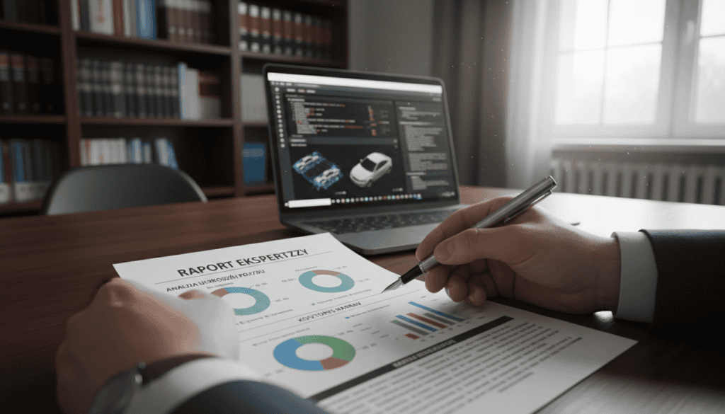 A detailed image of a "raport ekspertyzy" laid out on a sleek, dark wooden desk. In the foreground, the report features a clean, structured layout with charts and graphs showcasing data analysis related to vehicle damage assessments. A pair of professional hands, dressed in formal attire, is seen holding a pen, poised to make notes. In the middle ground, a modern laptop displays technical specifications and a digital analysis software interface. The background shows a well-lit office space, with a bookshelf filled with technical manuals and a large window letting in natural light, creating a warm and professional atmosphere. The mood is serious and analytical, ideal for illustrating the costs associated with independent technical expertise. A detailed image of a "raport ekspertyzy" laid out on a sleek, dark wooden desk. In the foreground, the report features a clean, structured layout with charts and graphs showcasing data analysis related to vehicle damage assessments. A pair of professional hands, dressed in formal attire, is seen holding a pen, poised to make notes. In the middle ground, a modern laptop displays technical specifications and a digital analysis software interface. The background shows a well-lit office space, with a bookshelf filled with technical manuals and a large window letting in natural light, creating a warm and professional atmosphere. The mood is serious and analytical, ideal for illustrating the costs associated with independent technical expertise.