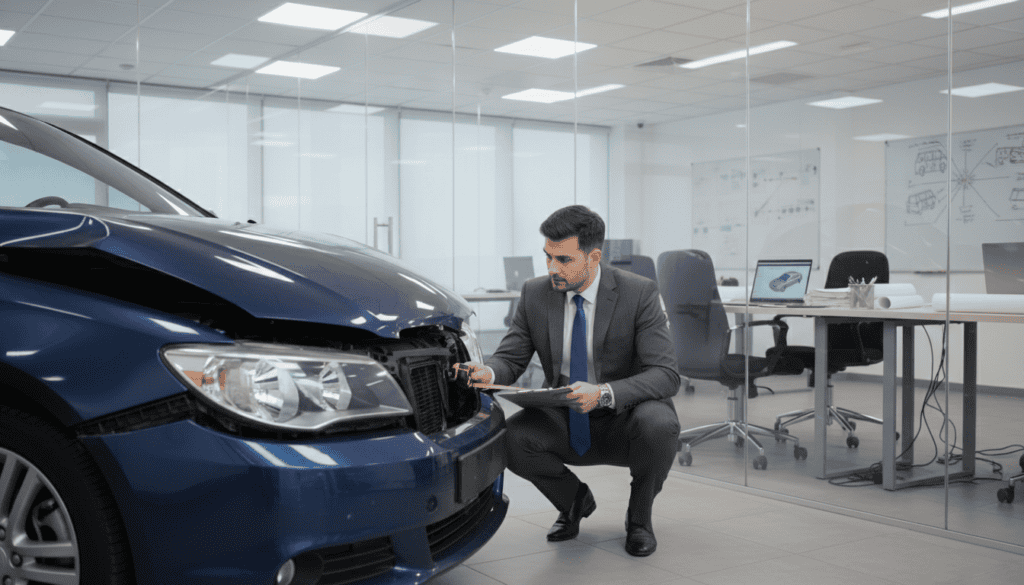 A detailed office scene depicting a professional assessment of a car accident claim, focused on a damaged vehicle in the foreground. In the middle, a consultant in professional business attire is examining the car's damage with a clipboard and a measuring tape, looking intently at the crumpled fender. The background features a modern office environment with technical drawings and documents on a desk, emphasizing the analytical nature of the work. The lighting is bright, coming from overhead fluorescent lights, creating a clinical atmosphere. The angle is slightly elevated to capture both the consultant's focus on the vehicle and the context of the office setting, conveying a sense of expertise and professionalism in the evaluation process. A detailed office scene depicting a professional assessment of a car accident claim, focused on a damaged vehicle in the foreground. In the middle, a consultant in professional business attire is examining the car's damage with a clipboard and a measuring tape, looking intently at the crumpled fender. The background features a modern office environment with technical drawings and documents on a desk, emphasizing the analytical nature of the work. The lighting is bright, coming from overhead fluorescent lights, creating a clinical atmosphere. The angle is slightly elevated to capture both the consultant's focus on the vehicle and the context of the office setting, conveying a sense of expertise and professionalism in the evaluation process.
