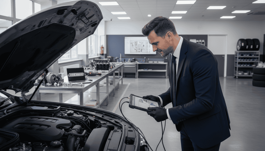 A detailed scene depicting a vehicle technical analysis in a modern automotive workshop. In the foreground, a technician in professional business attire is closely inspecting a car's engine, using a digital diagnostic tool. The technician's expression showcases focus and expertise. In the middle ground, various tools and equipment are neatly arranged on a workbench, including wrenches, a laptop displaying diagnostic data, and car parts. The background features a well-lit workshop with bright overhead lights, large windows allowing natural light to stream in, and shelves filled with automotive manuals and spare parts. The overall atmosphere is professional and precise, conveying the importance of independent technical assessment in vehicle maintenance. The perspective is slightly angled from above, capturing the details of both the technician's work and the organized workspace.
