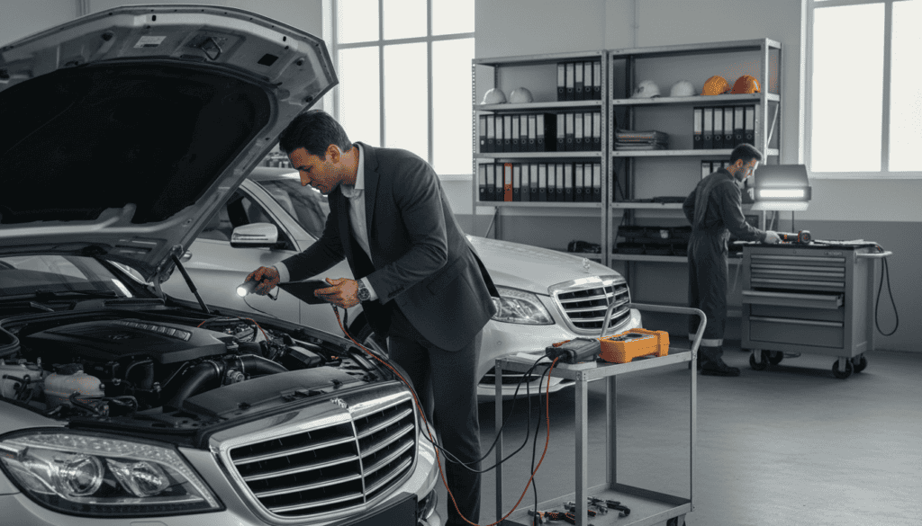 A detailed scene depicting a vehicle technical assessment process in a well-lit workshop environment. In the foreground, a professional technician, dressed in a business attire, inspects a car's engine, utilizing advanced diagnostic tools. The middle ground features a second technician examining the vehicle's bodywork, surrounded by various tools and equipment laid out neatly, suggesting a methodical approach. In the background, shelves filled with vehicle manuals and safety equipment can be seen, adding depth to the setting. Soft, ambient lighting casts a warm glow, enhancing the sense of professionalism and diligence in the air. The overall mood is one of precision and expertise, reflecting the thoroughness of a technical vehicle assessment.