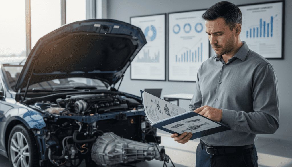 A detailed scene depicting the costs of technical expertise in vehicle assessment. In the foreground, a professional with short hair wearing a smart casual shirt examines a detailed report on vehicle damages with a concerned expression. The middle ground features an open car hood showcasing intricate mechanical parts, emphasizing the technical nature of the expertise being discussed. The background has a modern office setting, with charts and graphs posted on the wall, and soft natural light coming from a window, creating a professional and thoughtful atmosphere. The focus is sharp on the expert and the report, with a slight blur on the car to draw attention to the human element of technical assessment. A detailed scene depicting the costs of technical expertise in vehicle assessment. In the foreground, a professional with short hair wearing a smart casual shirt examines a detailed report on vehicle damages with a concerned expression. The middle ground features an open car hood showcasing intricate mechanical parts, emphasizing the technical nature of the expertise being discussed. The background has a modern office setting, with charts and graphs posted on the wall, and soft natural light coming from a window, creating a professional and thoughtful atmosphere. The focus is sharp on the expert and the report, with a slight blur on the car to draw attention to the human element of technical assessment.