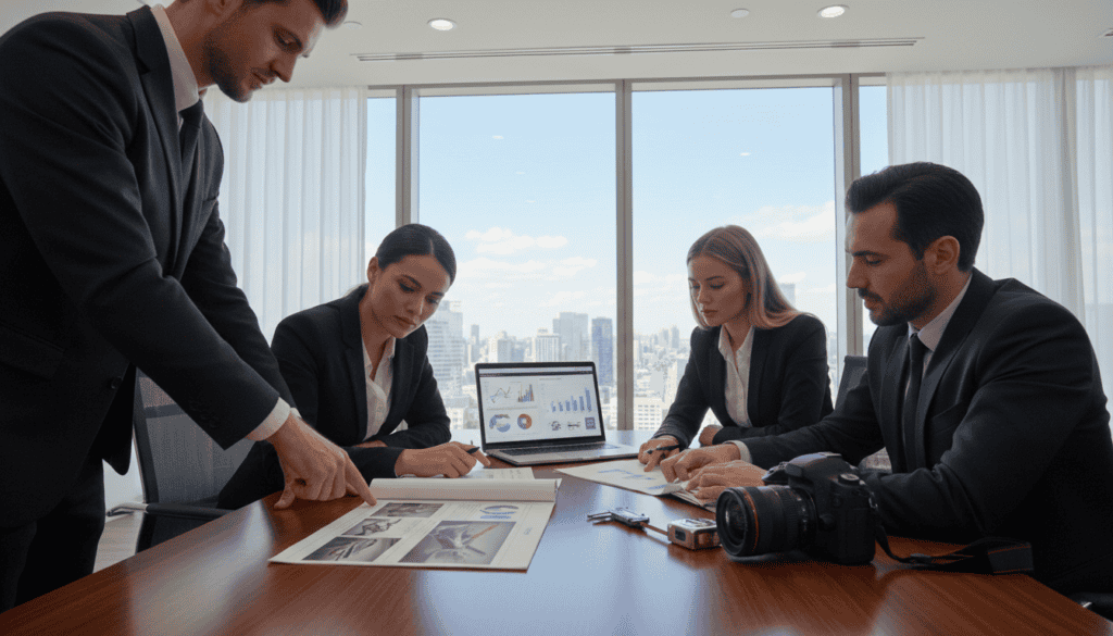 A detailed technical analysis scene in a modern office. In the foreground, a diverse group of professionals, dressed in business attire, scrutinizes a large vehicle accident report laid on a sleek conference table. The middle ground shows a high-tech laptop displaying analytical data and charts, alongside measuring tools like calipers and a digital camera for documentation. In the background, a large window reveals a bright, sunny day outside, contrasting with the focused atmosphere inside. Soft, diffused lighting enhances the professional mood, highlighting the seriousness of the analysis. The camera angle is slightly above eye level, providing a comprehensive view of the collaborative effort in examining the intricate details of damage assessment.