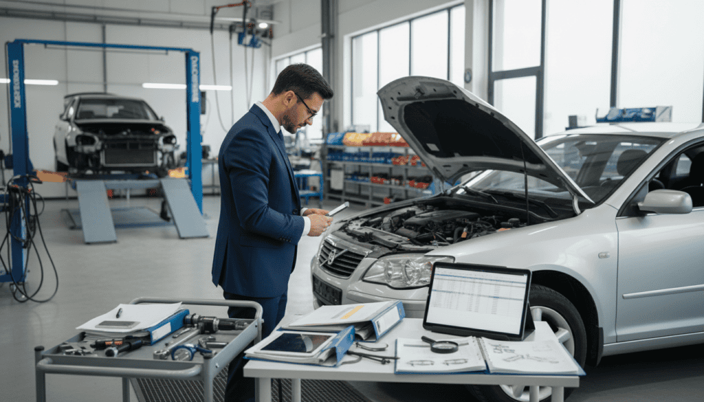 A detailed technical assessment scene illustrating "ekspertyza techniczna" focused on vehicle damage evaluation. In the foreground, a qualified automotive expert, dressed in a smart business outfit, is intently examining a damaged car, with the vehicle's hood open and tools scattered nearby. In the middle ground, documentations such as reports and diagrams can be seen, providing a sense of analysis and scrutiny. The background features a well-lit, modern workshop filled with diagnostic equipment and repair tools, emphasizing a professional setting. Soft, natural lighting creates an inviting atmosphere, while a slightly shallow depth of field draws attention to the expert and the vehicle. The overall mood is serious and focused, communicating the importance of precise damage assessment in the context of compensation criteria.