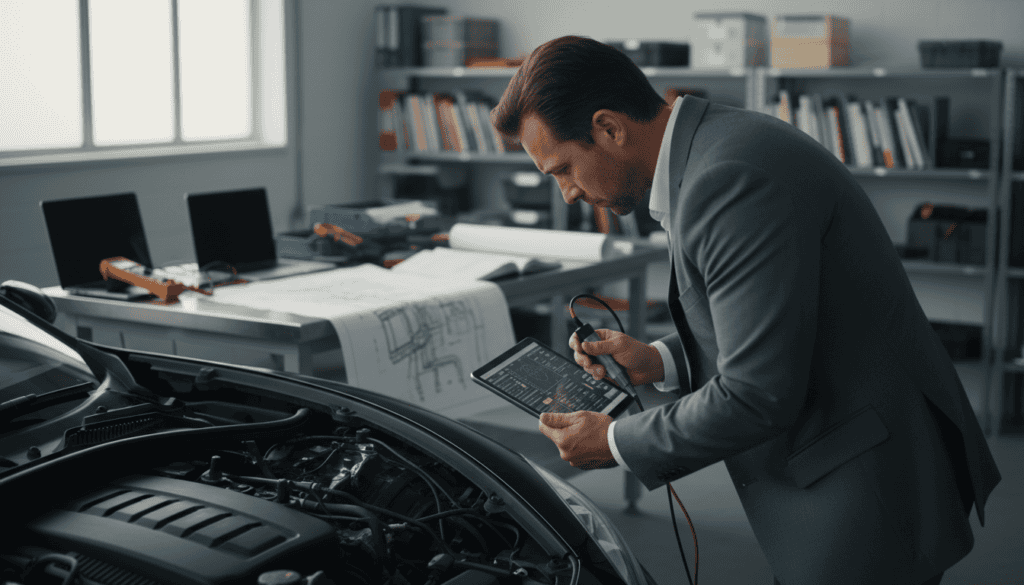 A detailed technical examination process in an automotive context, featuring a well-lit workshop environment. In the foreground, a professional in business attire is carefully inspecting a vehicle with advanced diagnostic tools, showcasing their focus and expertise. The middle layer includes an array of modern automotive equipment and technical diagrams scattered on a workbench, conveying a sense of meticulous analysis. The background features shelves stocked with automotive manuals and tools, subtly blurred to emphasize the foreground activity. Soft, diffused lighting creates a calm yet focused atmosphere, while a shallow depth of field draws attention to the subject’s concentration on the task at hand. A detailed technical examination process in an automotive context, featuring a well-lit workshop environment. In the foreground, a professional in business attire is carefully inspecting a vehicle with advanced diagnostic tools, showcasing their focus and expertise. The middle layer includes an array of modern automotive equipment and technical diagrams scattered on a workbench, conveying a sense of meticulous analysis. The background features shelves stocked with automotive manuals and tools, subtly blurred to emphasize the foreground activity. Soft, diffused lighting creates a calm yet focused atmosphere, while a shallow depth of field draws attention to the subject’s concentration on the task at hand.