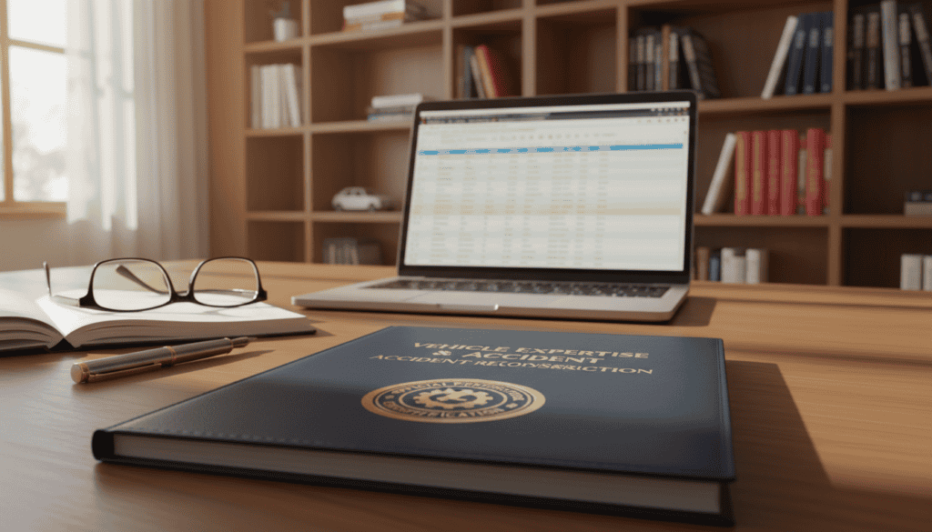 A detailed technical report on vehicle expertise sits prominently on a professional desk, with a focus on the document's cover that features an official seal and intricate headings. In the foreground, a pair of glasses and a pen lie beside the report, hinting at a meticulous review process. In the middle, softly blurred, a modern laptop displays an open spreadsheet, symbolizing data analysis. The background is adorned with shelves of reference books on automotive technology and accident investigation, conveying a sense of authority and professionalism. Soft, natural lighting streams in from a window, casting gentle shadows and creating a calm atmosphere of diligence and focus. The scene suggests a workspace dedicated to examining the technical aspects of vehicle assessments, embodying professionalism, expertise, and thoroughness. A detailed technical report on vehicle expertise sits prominently on a professional desk, with a focus on the document's cover that features an official seal and intricate headings. In the foreground, a pair of glasses and a pen lie beside the report, hinting at a meticulous review process. In the middle, softly blurred, a modern laptop displays an open spreadsheet, symbolizing data analysis. The background is adorned with shelves of reference books on automotive technology and accident investigation, conveying a sense of authority and professionalism. Soft, natural lighting streams in from a window, casting gentle shadows and creating a calm atmosphere of diligence and focus. The scene suggests a workspace dedicated to examining the technical aspects of vehicle assessments, embodying professionalism, expertise, and thoroughness.