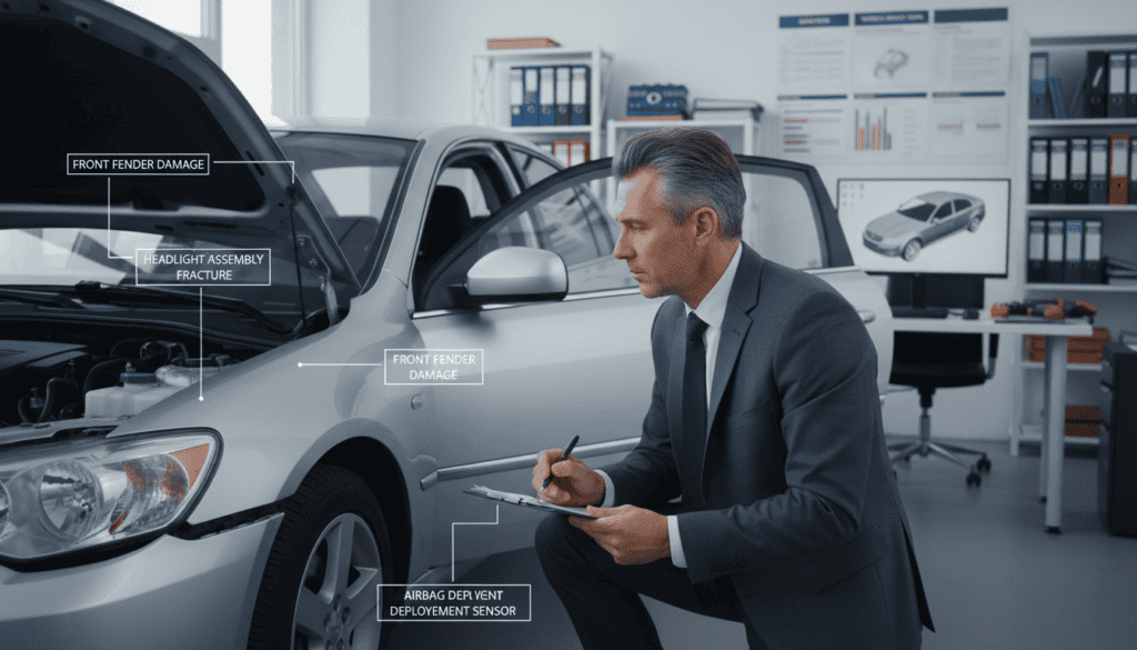 A detailed technical scene showcasing a professional expert conducting a technical analysis of a vehicle for insurance purposes. In the foreground, a middle-aged man in professional business attire examines the car’s interior with a clipboard and pen, illuminated by soft, natural lighting coming through a nearby window. In the middle, the vehicle is prominently displayed, with parts and components labeled for clarity. The background features an organized office space with technical documents, charts, and tools relevant to the analysis. A sense of professionalism and focus pervades the atmosphere, conveying the importance of expertise in determining insurance claims. The angle is slightly tilted to emphasize the depth of the scene, with a shallow depth of field to keep attention on the expert and the vehicle.