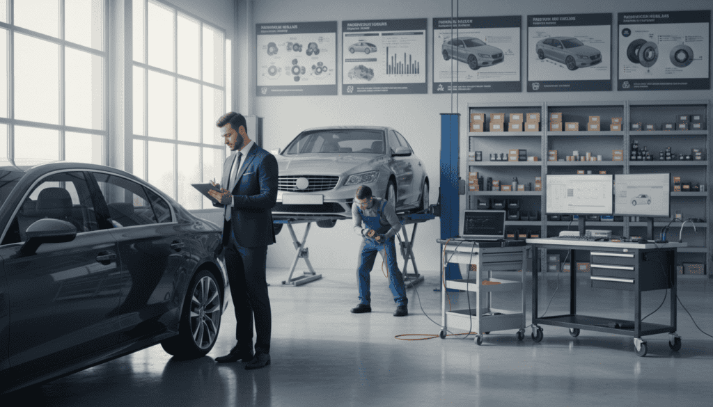 A detailed, technical vehicle assessment scene in a well-lit automotive workshop. In the foreground, a professional wearing a business suit inspects a car with a digital tablet in hand, taking notes on its condition. The middle ground features a lift with a car being examined, showcasing diagnostic tools and a mechanic's workstation with laptops and equipment. The background reveals shelves filled with auto parts, charts of vehicle metrics, and posters explaining vehicle diagnostics. Soft, natural lighting filters in through large windows, casting a calm and focused atmosphere. The angle is slightly elevated, offering a comprehensive view of the workspace. The overall mood is one of professionalism and expertise, emphasizing the technical analysis of vehicles. A detailed, technical vehicle assessment scene in a well-lit automotive workshop. In the foreground, a professional wearing a business suit inspects a car with a digital tablet in hand, taking notes on its condition. The middle ground features a lift with a car being examined, showcasing diagnostic tools and a mechanic's workstation with laptops and equipment. The background reveals shelves filled with auto parts, charts of vehicle metrics, and posters explaining vehicle diagnostics. Soft, natural lighting filters in through large windows, casting a calm and focused atmosphere. The angle is slightly elevated, offering a comprehensive view of the workspace. The overall mood is one of professionalism and expertise, emphasizing the technical analysis of vehicles.