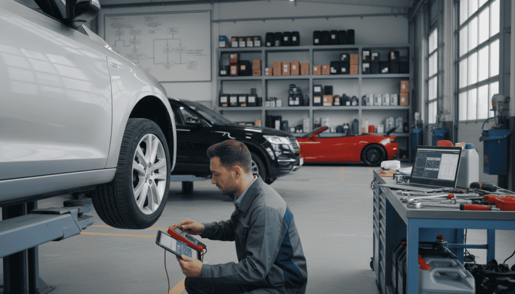 A detailed technical vehicle inspection scene set inside a modern automotive workshop. In the foreground, a mechanic in a professional uniform meticulously examines a car's suspension system using advanced diagnostic tools, such as a digital multimeter and a laptop showing vehicle data. The middle ground features a well-lit garage with various vehicles, tools organized on a workbench, and large windows allowing natural light to flood the space. In the background, shelves filled with car parts and a whiteboard displaying technical diagrams enhance the setting. The atmosphere is focused and professional, reflecting the importance of independent technical expertise in ensuring vehicle safety. The lighting is bright and even, accentuating the detailed mechanics and creating a sense of clarity and precision.