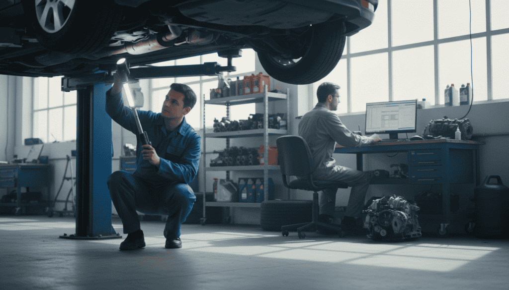 A detailed vehicle inspection scene set in a well-lit automotive garage. In the foreground, a professional mechanic wearing a blue coverall is examining a car's undercarriage with a flashlight, showcasing precise focus on the technical aspects. In the middle ground, a second technician is analyzing data on a computer, with vehicle parts scattered on a workbench, suggesting thorough investigation. The background features shelves of tools and equipment, emphasizing a busy, professional environment. Soft, natural daylight filters in through a window, casting gentle shadows that add depth to the scene. The mood is serious yet focused, representing the importance of an independent technical assessment in the claims process.