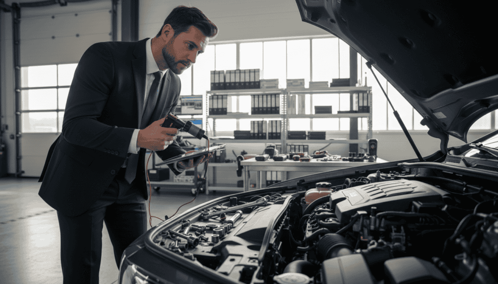 A detailed view of a technical vehicle inspection in a modern garage setting. In the foreground, a professional technician in a business attire is closely examining the engine compartment of a car, equipped with diagnostic tools and a notepad. The technician displays a focused expression, illustrating the seriousness of the task. In the middle ground, various automotive tools and equipment are visible on the workbench, highlighting the meticulous preparation for the technical assessment. The background features well-organized shelving with automotive manuals and technical diagrams, creating an atmosphere of professionalism and expertise. Bright, natural lighting filters in through a large window, enhancing the clarity of the scene, while a low-angle perspective emphasizes the depth and detail of the inspection process. The overall mood is one of diligence and precision in vehicle evaluation. A detailed view of a technical vehicle inspection in a modern garage setting. In the foreground, a professional technician in a business attire is closely examining the engine compartment of a car, equipped with diagnostic tools and a notepad. The technician displays a focused expression, illustrating the seriousness of the task. In the middle ground, various automotive tools and equipment are visible on the workbench, highlighting the meticulous preparation for the technical assessment. The background features well-organized shelving with automotive manuals and technical diagrams, creating an atmosphere of professionalism and expertise. Bright, natural lighting filters in through a large window, enhancing the clarity of the scene, while a low-angle perspective emphasizes the depth and detail of the inspection process. The overall mood is one of diligence and precision in vehicle evaluation.