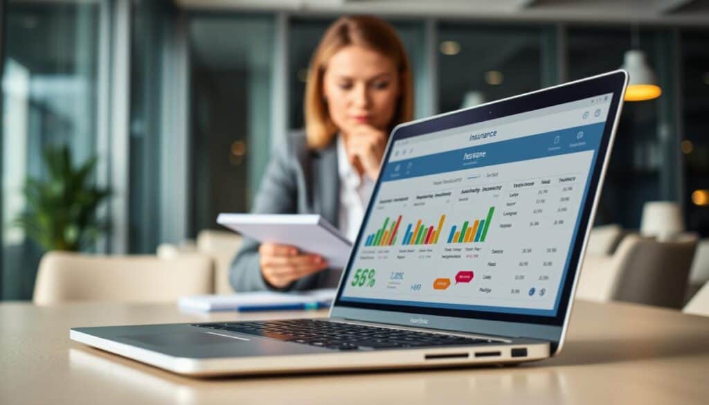 A digital interface depicting an online insurance comparison tool. In the foreground, showcase a sleek laptop with an open webpage displaying various insurance options side-by-side, featuring colorful graphs and icons representing different policies. In the middle ground, include a professional individual in business attire, thoughtfully analyzing the data displayed on the screen, with a notepad and pen beside them for notes. The background should feature a modern office setting with soft ambient lighting, creating a focused workspace atmosphere. Use a shallow depth of field to blur the background slightly, emphasizing the subject and the interface. Aim for a calm, informative mood to resonate with the theme of making educated insurance choices.