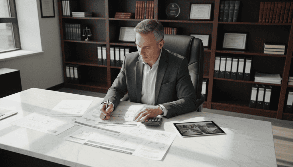 A focused, professional image of an insurance claims specialist, depicted as a middle-aged person in business attire, sitting at a sleek modern desk. The specialist is analyzing documents related to an insurance claim, with detailed technical reports and diagrams scattered on the desk. In the background, a well-organized office filled with bookshelves and certificates emphasizes expertise and trustworthiness. Soft, natural lighting floods the room from a large window, casting gentle shadows that create a calm atmosphere. The angle is slightly elevated, highlighting the specialist’s concentrated expression and the importance of their work in assessing damages. The image should evoke a sense of professionalism, meticulousness, and the integral role of independent experts in the claims process. A focused, professional image of an insurance claims specialist, depicted as a middle-aged person in business attire, sitting at a sleek modern desk. The specialist is analyzing documents related to an insurance claim, with detailed technical reports and diagrams scattered on the desk. In the background, a well-organized office filled with bookshelves and certificates emphasizes expertise and trustworthiness. Soft, natural lighting floods the room from a large window, casting gentle shadows that create a calm atmosphere. The angle is slightly elevated, highlighting the specialist’s concentrated expression and the importance of their work in assessing damages. The image should evoke a sense of professionalism, meticulousness, and the integral role of independent experts in the claims process.