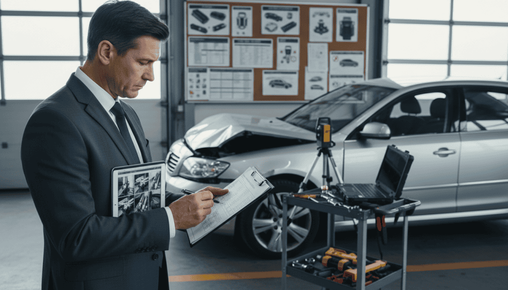 A meticulously detailed scene of a professional consultant examining a car accident report and assessing vehicle damage. In the foreground, a middle-aged technician in a tailored suit holds a clipboard, analyzing accident details under soft, natural light. The middle layer features a damaged vehicle with visible dents and scratches, parked in a garage; tools and equipment are neatly organized nearby. The background shows a wall adorned with technical diagrams and charts related to vehicle safety standards. The mood is serious and focused, indicating the importance of thorough technical expertise in assessing compensation claims. Capture this scene from a slightly elevated angle to emphasize the interaction between the technician and the report, ensuring clarity and professionalism throughout the image.