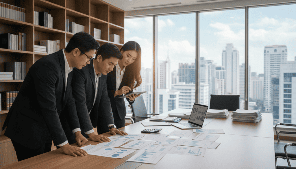 A modern office environment featuring a professional business setting focused on the insurance claims process. In the foreground, a diverse group of three individuals in business attire, two men and one woman, are actively engaged in reviewing documents related to compensation calculations. Their expressions reflect concentration and collaboration. In the middle, a large conference table is strewn with papers, legal documents, a calculator, and a laptop displaying charts. The background showcases a bright, well-lit office with shelves filled with books on law and finance, large windows letting in natural light, and a cityscape visible outside. The atmosphere is one of professionalism and diligence, emphasizing the importance of technical expertise in insurance claims. Soft, warm lighting enhances the focus on the subjects and their work.