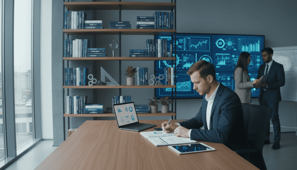 A professional and detailed technical report scene set in a contemporary office. In the foreground, a well-dressed individual, a technical expert, studies a complex technical report on a sleek wooden desk, their expression focused and analytical. Illuminated by soft, natural light streaming through a large window, the midsection shows shelves filled with technical books and tools like calipers and drafting equipment, emphasizing a sense of expertise. In the background, a large digital screen displays graphs and data, hinting at advanced analysis and decision-making. The overall atmosphere is serious yet insightful, promoting a mood of professionalism and clarity, perfect for understanding technical expertise. Emphasize clean lines and organized space, with a wide-angle lens effect that captures the depth of the office. A professional and detailed technical report scene set in a contemporary office. In the foreground, a well-dressed individual, a technical expert, studies a complex technical report on a sleek wooden desk, their expression focused and analytical. Illuminated by soft, natural light streaming through a large window, the midsection shows shelves filled with technical books and tools like calipers and drafting equipment, emphasizing a sense of expertise. In the background, a large digital screen displays graphs and data, hinting at advanced analysis and decision-making. The overall atmosphere is serious yet insightful, promoting a mood of professionalism and clarity, perfect for understanding technical expertise. Emphasize clean lines and organized space, with a wide-angle lens effect that captures the depth of the office.