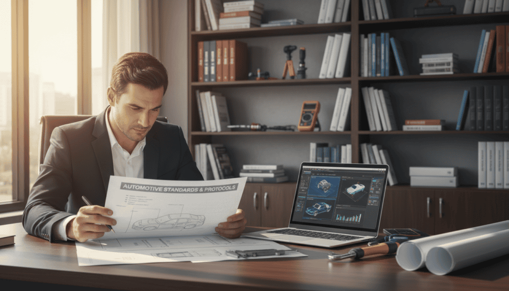 A professional and modern office setting focused on technical expertise in vehicle assessment. In the foreground, a well-dressed engineer, with a serious expression, examines detailed technical documents related to automotive standards. The middle ground features a sleek desk with a laptop open, displaying technical software, tools, and blueprints. In the background, shelves filled with automotive reference books and inspection tools create an atmosphere of professionalism and expertise. Soft, natural lighting streams through a large window, casting gentle shadows that enhance the focus on the engineer. The overall mood conveys diligence, responsibility, and precision in technical evaluations related to automotive standards. A professional and modern office setting focused on technical expertise in vehicle assessment. In the foreground, a well-dressed engineer, with a serious expression, examines detailed technical documents related to automotive standards. The middle ground features a sleek desk with a laptop open, displaying technical software, tools, and blueprints. In the background, shelves filled with automotive reference books and inspection tools create an atmosphere of professionalism and expertise. Soft, natural lighting streams through a large window, casting gentle shadows that enhance the focus on the engineer. The overall mood conveys diligence, responsibility, and precision in technical evaluations related to automotive standards.