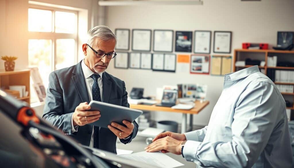 A professional automotive expert assessing a vehicle in a bright, well-lit office setting. The foreground features a middle-aged man in business attire, carefully examining a car's damage with a digital tablet in hand. In the middle background, there's a large desk cluttered with paperwork and automotive magazines. The walls are decorated with framed certifications and a large window allowing natural light to fill the room. The overall atmosphere is one of expertise and authority, with a focus on trust and professionalism. The lighting is soft yet bright, emphasizing the expert's concentrated expression. The composition should convey the importance of accurate vehicle assessments in determining insurance valuations. A professional automotive expert assessing a vehicle in a bright, well-lit office setting. The foreground features a middle-aged man in business attire, carefully examining a car's damage with a digital tablet in hand. In the middle background, there's a large desk cluttered with paperwork and automotive magazines. The walls are decorated with framed certifications and a large window allowing natural light to fill the room. The overall atmosphere is one of expertise and authority, with a focus on trust and professionalism. The lighting is soft yet bright, emphasizing the expert's concentrated expression. The composition should convey the importance of accurate vehicle assessments in determining insurance valuations.
