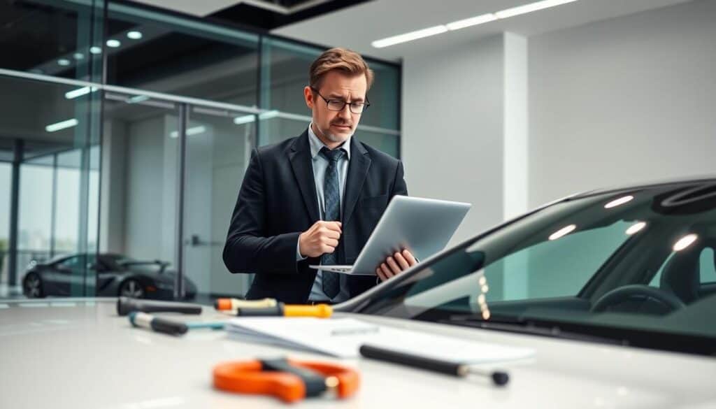 A professional automotive expert, depicted as a middle-aged Caucasian man in a business attire, holding a laptop and standing confidently next to a luxury car, showcasing a high-tech environment. The expert examines the car's details with a thoughtful expression, symbolizing trust and expertise, while a sleek office background highlights modern design elements, like glass walls and soft lighting. In the foreground, tools and paperwork suggest meticulous evaluation processes. The lighting is bright and focused, emphasizing the expert's face and the vehicle, which sparkles under an indirect light source. The overall mood is one of professionalism and assurance, reflecting the value of MOTOEXPERT services in vehicle appraisal. A professional automotive expert, depicted as a middle-aged Caucasian man in a business attire, holding a laptop and standing confidently next to a luxury car, showcasing a high-tech environment. The expert examines the car's details with a thoughtful expression, symbolizing trust and expertise, while a sleek office background highlights modern design elements, like glass walls and soft lighting. In the foreground, tools and paperwork suggest meticulous evaluation processes. The lighting is bright and focused, emphasizing the expert's face and the vehicle, which sparkles under an indirect light source. The overall mood is one of professionalism and assurance, reflecting the value of MOTOEXPERT services in vehicle appraisal.