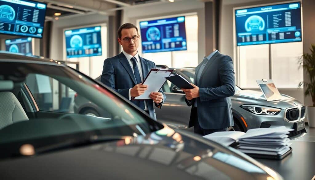 A professional automotive expert, dressed in smart business attire, stands confidently beside a sleek, modern car in an office environment. The foreground captures the expert examining the vehicle's features, holding a clipboard filled with assessment notes. In the middle ground, a desk is adorned with industry reports and digital screens displaying vehicle data, emphasizing a high-tech appraisal atmosphere. The background reveals an office with large windows letting in soft, natural light, casting a warm glow over the scene. The overall mood is one of professionalism and trust, highlighting expertise in vehicle valuation. The image should be shot from a slightly elevated angle to showcase the expert's confident demeanor while ensuring the car is front and center in the composition. A professional automotive expert, dressed in smart business attire, stands confidently beside a sleek, modern car in an office environment. The foreground captures the expert examining the vehicle's features, holding a clipboard filled with assessment notes. In the middle ground, a desk is adorned with industry reports and digital screens displaying vehicle data, emphasizing a high-tech appraisal atmosphere. The background reveals an office with large windows letting in soft, natural light, casting a warm glow over the scene. The overall mood is one of professionalism and trust, highlighting expertise in vehicle valuation. The image should be shot from a slightly elevated angle to showcase the expert's confident demeanor while ensuring the car is front and center in the composition.