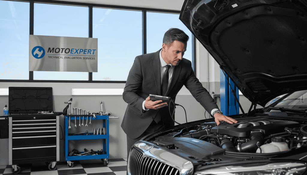 A professional automotive expert in a business suit examines a car's engine with focused attention, conveying a sense of expertise and diligence. The scene is set in a well-lit garage, with bright overhead lights illuminating the workspace, reflecting off polished tools and machinery. In the background, a large window showcases a clear blue sky, adding an inviting natural light. The expert holds a diagnostic tool in one hand, while the other hand gestures towards the vehicle, conveying communication and assessment. The atmosphere is serious yet engaging, emphasizing the professionalism and trustworthiness of MOTOEXPERT’s technical evaluation services. A clean and organized environment enhances the sense of credibility and reliability in the image.