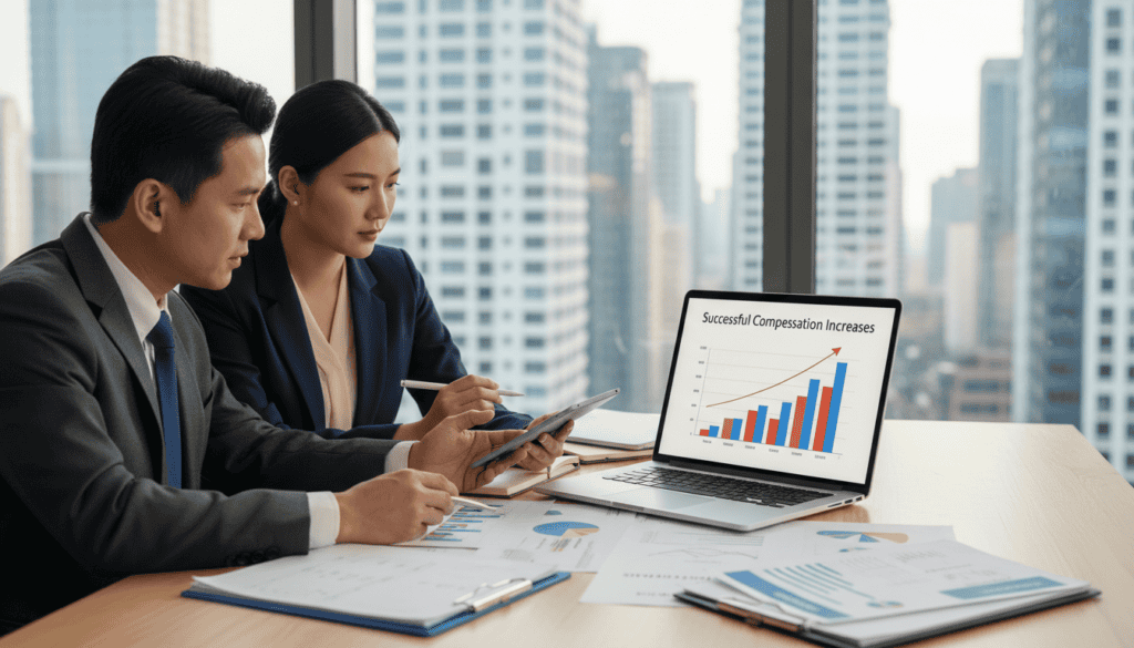 A professional business meeting scene set in a modern office environment, showcasing two experts, a man and a woman, analyzing technical documents related to compensation claims. In the foreground, the man, dressed in a sharp suit, points to a graph on a laptop screen, illustrating successful compensation increases. The woman, in a modest business attire, makes notes while observing the data intently. In the middle ground, an elegant conference table filled with charts and reports highlights the theme of independent expertise. The background features a large window with cityscape views, providing natural light that enhances a collaborative atmosphere. The mood is focused and optimistic, emphasizing cooperation and successful outcomes.