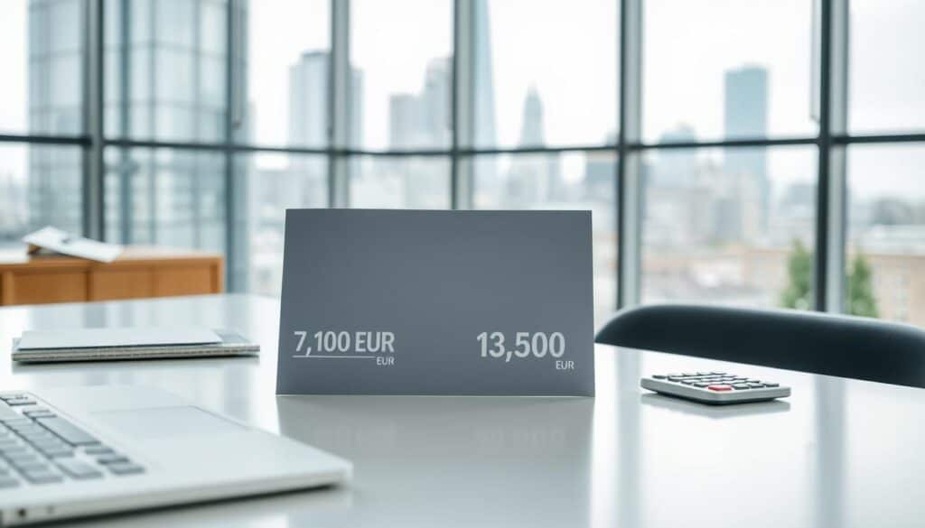 A professional business setting showcasing two insurance offers, one labeled "7,100 EUR" and the other "13,500 EUR," placed prominently on a sleek, modern office desk. The foreground features a well-organized workspace with a laptop, a notepad, and a calculator, hinting at financial analysis. In the middle, the two offers are displayed clearly as sleek brochures or documents that catch the light from a nearby window, emphasizing their importance. The background shows a view of a city skyline through glass walls, conveying a sense of professionalism and seriousness. Soft, natural light filters into the space, creating a calm yet focused atmosphere, perfect for decision-making in insurance selection.