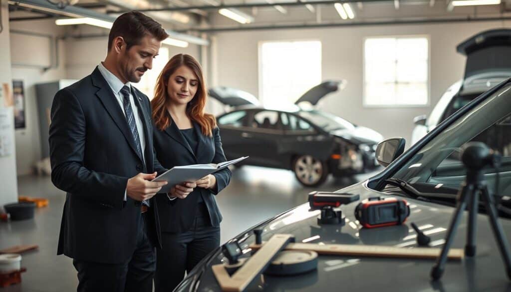A professional insurance evaluation scene depicting a detailed damage assessment process. In the foreground, a male and female insurance adjuster in smart business attire, carefully inspecting a damaged car, taking notes on a clipboard. In the middle ground, various tools and equipment, such as measuring scales and cameras, are visible, showcasing the technical analysis. The background features a well-lit garage setting, with an open space revealing other vehicles undergoing assessment. Soft, natural lighting filters through the garage windows, creating a realistic atmosphere. The composition should convey a sense of seriousness and professionalism, reflecting the intricate work of damage evaluation and assessment in the insurance industry. No text, watermarks, or logos are included. A professional insurance evaluation scene depicting a detailed damage assessment process. In the foreground, a male and female insurance adjuster in smart business attire, carefully inspecting a damaged car, taking notes on a clipboard. In the middle ground, various tools and equipment, such as measuring scales and cameras, are visible, showcasing the technical analysis. The background features a well-lit garage setting, with an open space revealing other vehicles undergoing assessment. Soft, natural lighting filters through the garage windows, creating a realistic atmosphere. The composition should convey a sense of seriousness and professionalism, reflecting the intricate work of damage evaluation and assessment in the insurance industry. No text, watermarks, or logos are included.