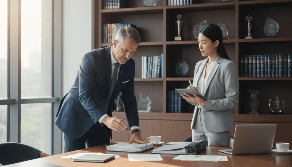 A professional insurance expert and a representative from an insurance company interact in a modern office environment. In the foreground, the expert, a middle-aged individual in formal business attire, is examining documentation, highlighting key points with a pen. The insurance representative, a young woman in a tailored suit, attentively listens and takes notes on a digital tablet. In the middle ground, a large table holds various documents and a laptop, symbolizing the discussion's analytical nature. The background features shelves filled with insurance-related books and awards, conveying professionalism. Soft, natural lighting filters through a large window, creating a calm yet focused atmosphere. The angle captures both characters engaged in a meaningful dialogue, emphasizing collaboration and expertise in the insurance claims process.