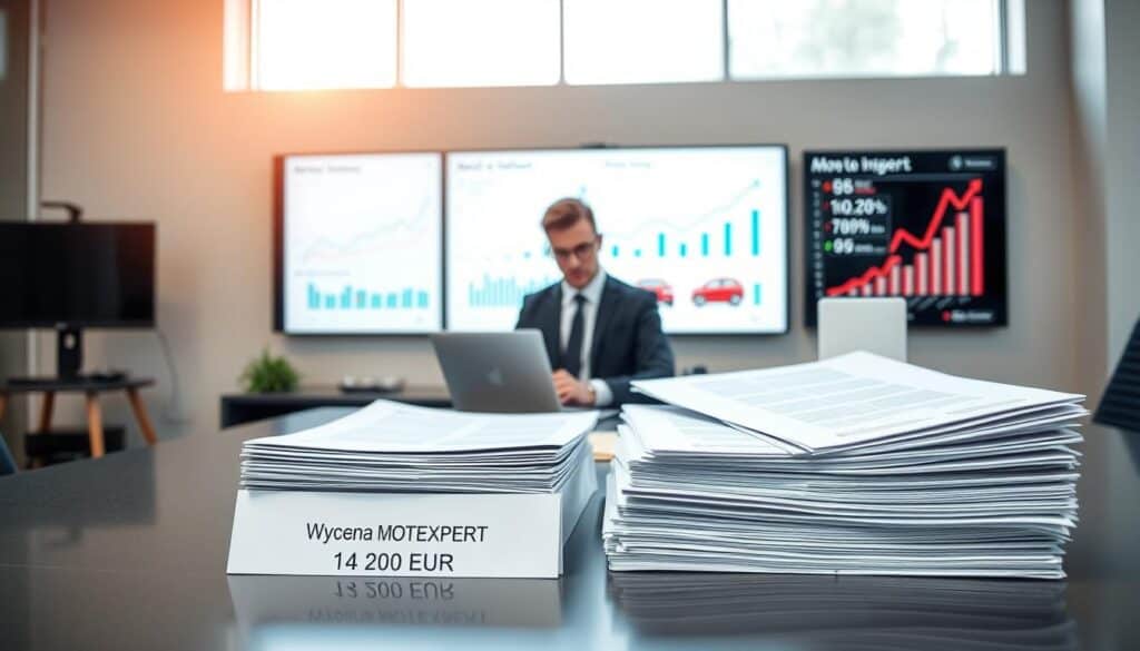 A professional-looking office environment with a modern desk in the foreground, displaying a neatly stacked pile of documents concerning vehicle valuation, labeled "Wycena MOTOEXPERT – 14 200 EUR." In the middle, a focused financial analyst in business attire, analyzing the reports on a laptop, surrounded by graphs and charts reflecting automotive values. The background features a sleek wall-mounted screen showcasing an upward trend in insurance valuations, with a large window allowing natural light to fill the space, enhancing a productive and serious atmosphere. The lighting should be bright and crisp, emphasizing the professionalism of the setting, captured from a slightly angled perspective that draws the viewer into the analytical action.