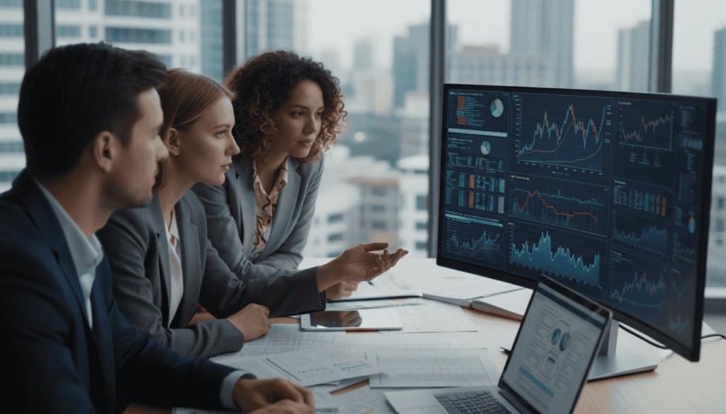 A professional office environment focused on technical data analysis. In the foreground, a diverse group of three professionals in business attire—one man and two women—are engaged in a serious discussion around a large monitor displaying complex technical graphs and data sets. The middle ground features charts and spreadsheets spread on the table, with a laptop open showing a detailed technical report. In the background, large windows let in natural light that softly illuminates the room, creating an atmosphere of focus and diligence. The overall mood is one of collaboration and expertise, with a depth of field that keeps the emphasis on the professionals and their analysis. A professional office environment focused on technical data analysis. In the foreground, a diverse group of three professionals in business attire—one man and two women—are engaged in a serious discussion around a large monitor displaying complex technical graphs and data sets. The middle ground features charts and spreadsheets spread on the table, with a laptop open showing a detailed technical report. In the background, large windows let in natural light that softly illuminates the room, creating an atmosphere of focus and diligence. The overall mood is one of collaboration and expertise, with a depth of field that keeps the emphasis on the professionals and their analysis.