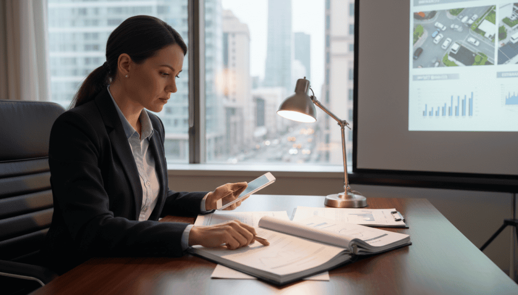 A professional office setting featuring a confident insurance adjuster analyzing a detailed technical report on an accident claim. In the foreground, a well-dressed professional, wearing business attire, examines a stack of documents on a sleek wooden desk, illuminated by warm, soft lighting. The middle ground shows a large window with natural light streaming in, revealing an urban backdrop, hinting at a busy city outside. In the background, a digital projector displays key technical insights and images related to the accident. The overall atmosphere is one of focus and determination, emphasizing the meticulous process of evaluating claims and ensuring proper compensation. The image should evoke a sense of professionalism and trust.