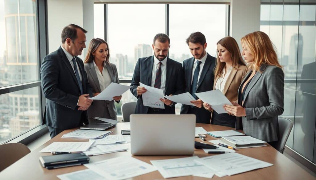 A professional office setting focused on car insurance valuation disputes. In the foreground, a diverse group of three business professionals engaged in a serious discussion, dressed in smart business attire, analyzing documents with concern. In the middle, an office desk scattered with papers, insurance contracts, and a laptop displaying graphs, symbolizing the valuation difference between different insurers. In the background, a large window revealing an urban landscape, casting soft, natural light into the room, enhancing the serious yet hopeful atmosphere. The scene conveys a mood of diligence and contemplation, emphasizing the importance of understanding insurance valuations.