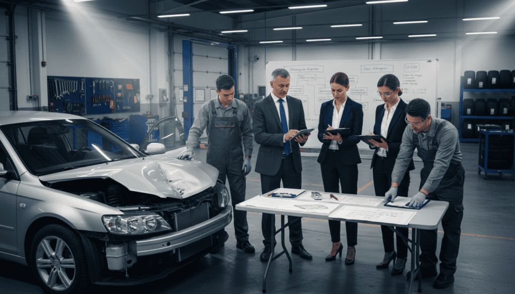 A professional scene depicting an independent technical expertise scenario in the automotive field. In the foreground, a diverse group of professionals, including a man in a suit and a woman in business attire, are closely examining a damaged vehicle, taking notes and discussing findings. The middle ground shows charts and diagrams spread out on a table, signifying analysis and evaluation. In the background, an industrial workshop with tools and automotive parts reflects a sense of enterprise. The lighting is bright and focused on the experts, creating a dynamic and serious atmosphere that underscores the importance of technical expertise in determining compensation. The angle is slightly elevated, capturing the action and interaction among the professionals.
