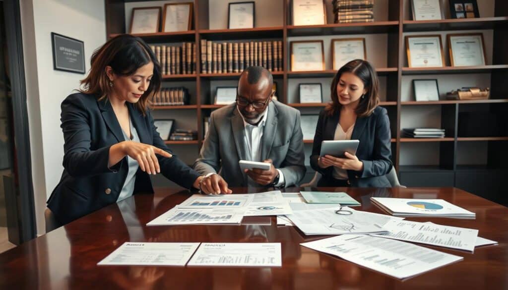 A professional scene depicting collaboration with appraisers in an office setting. In the foreground, a diverse group of three individuals—two women and one man—are engaged in a discussion over a detailed report and financial documents spread across a polished wooden table. The woman on the left, wearing a navy blazer, is pointing at a graph, while the man, dressed in a gray suit, takes notes on a notepad. The woman on the right, in a smart-casual outfit, listens intently, holding a tablet. In the background, shelves filled with books and certificates reflect a successful appraisal firm atmosphere, with soft, diffused lighting creating a professional yet inviting mood. The angle captures the essence of teamwork and professionalism, emphasizing the importance of expert opinions in financial decisions.
