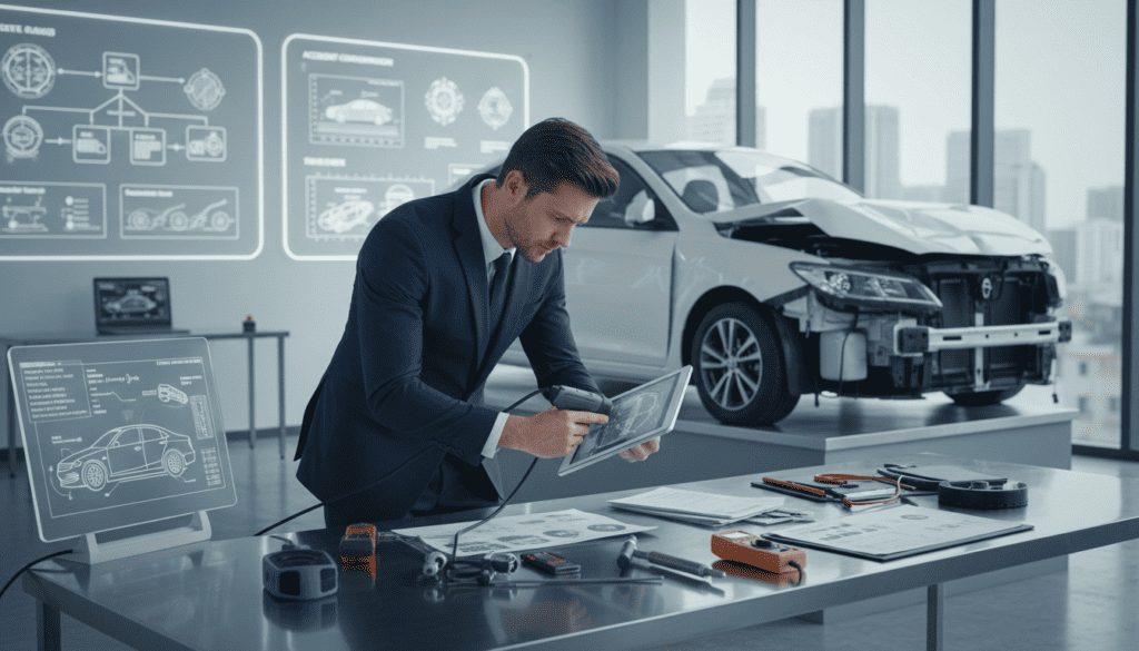 A professional scene illustrating the concept of technical expertise in accident compensation claims. In the foreground, a focused technician examines car damage using advanced diagnostic tools, dressed in smart business attire. In the middle, a detailed wrecked vehicle sits on a clean workbench, surrounded by various instruments and papers. The background presents a well-lit, modern office with charts and diagrams related to vehicle mechanics on the walls. Soft, diffused lighting creates a calm atmosphere, emphasizing the seriousness of the examination. The angle captures both the technician's concentration and the intricate details of the equipment, underlining the importance of technical expertise in resolving compensation cases.