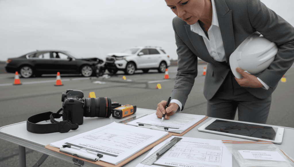 A professional setting capturing a technical examination of a vehicle accident scene. In the foreground, a close-up of a clipboard with detailed documents and safety paperwork, resting on a table. In the middle, a seasoned forensic expert in professional attire, focused on reviewing the documents, with tools like digital cameras and measuring devices surrounding them. In the background, a soft-focus view of the accident site, showing partially damaged vehicles, safety cones, and subtle evidence markers. The lighting is bright and clear, enhancing the serious tone of the investigation, with a slightly overcast sky to suggest an early morning atmosphere.