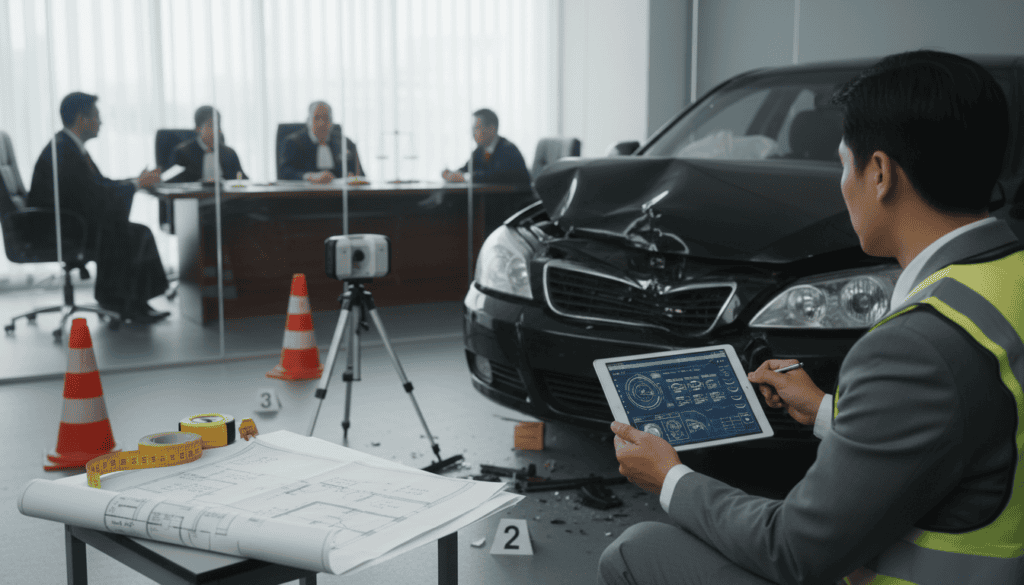 A professional setting depicting a car accident scene with focus on a thorough technical assessment. In the foreground, a close-up of an expert examining vehicle damage using digital tools and detailed blueprints. The middle ground features a partially damaged car, with visible dents and shattered glass, surrounded by measuring equipment and analysis papers. The background shows a courtroom with blurred silhouettes of judges and lawyers, emphasizing the connection between the technical expertise and legal proceedings. Soft, natural lighting casts shadows that enhance the seriousness of the scene, while a slight depth of field creates an intimate, contemplative atmosphere. Overall, the composition conveys the importance of technical expertise in influencing judicial decisions regarding compensation following accidents.