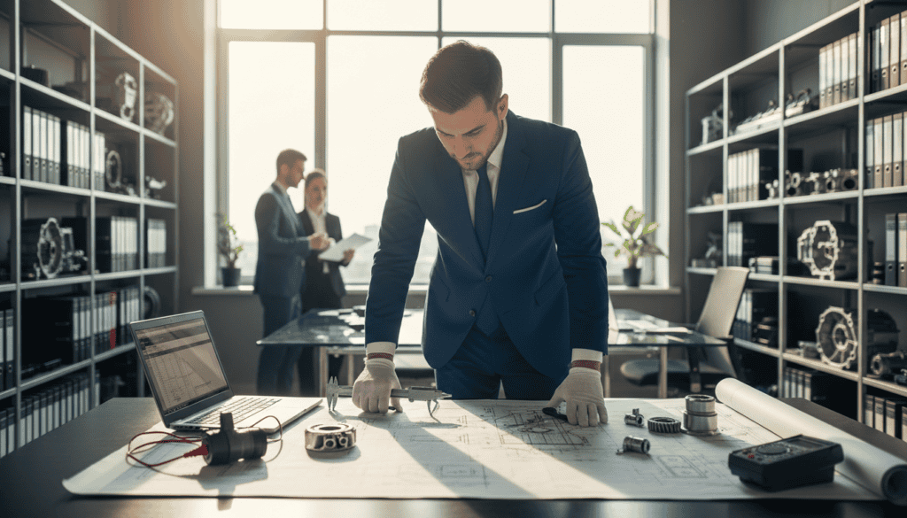 A professional setting depicting a technical expert consulting on an independent technical opinion for automotive claims. In the foreground, a focused engineer, dressed in a smart business suit, is examining detailed blueprints and diagrams on a table, with high-tech tools and measuring equipment scattered around. In the middle, a large window allows natural light to flood the room, casting soft shadows, while shelves filled with reference manuals and automotive components line the walls. The background features a modern office with sleek furniture, emphasizing a serious yet collaborative atmosphere. The overall mood is one of diligence and expertise, highlighting the significance of an independent technical assessment in claims processes. The scene is captured with a shallow depth of field to focus on the engineer's intense concentration. A professional setting depicting a technical expert consulting on an independent technical opinion for automotive claims. In the foreground, a focused engineer, dressed in a smart business suit, is examining detailed blueprints and diagrams on a table, with high-tech tools and measuring equipment scattered around. In the middle, a large window allows natural light to flood the room, casting soft shadows, while shelves filled with reference manuals and automotive components line the walls. The background features a modern office with sleek furniture, emphasizing a serious yet collaborative atmosphere. The overall mood is one of diligence and expertise, highlighting the significance of an independent technical assessment in claims processes. The scene is captured with a shallow depth of field to focus on the engineer's intense concentration.