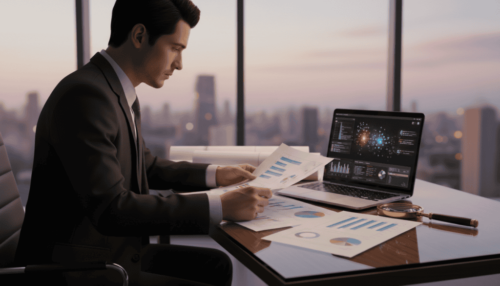 A professional setting depicting the interpretation of technical expertise results. In the foreground, a focused individual in business attire studies a series of detailed reports and graphs on a sleek modern desk, illuminated by soft, warm lighting that enhances the seriousness of the task. The middle ground shows an open laptop displaying analytical software with highlighted data points, alongside technical drawings and a magnifying glass. In the background, a large window reveals an abstract city skyline under a pastel sunset, creating a contemplative atmosphere. Subtle shadows add depth, while the overall mood conveys diligence and analytical depth, emphasizing the importance of understanding technical expertise results for insurance assessments.