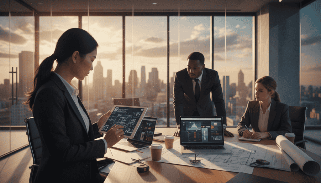 A professional setting depicting the process of obtaining a technical opinion, featuring a diverse team of three individuals in business attire. In the foreground, one person is reviewing documents on a sleek digital tablet, showcasing technical drawings and calculations. The middle ground reveals a large table scattered with engineering blueprints, laptops, and technical tools, indicating an active workspace. The background shows a modern office with glass walls and large windows allowing natural light to flood the room, creating a bright and focused atmosphere. Soft shadows enhance the depth of the scene, while a warm color palette adds to the professional mood, conveying diligence and expertise in the technical assessment process.