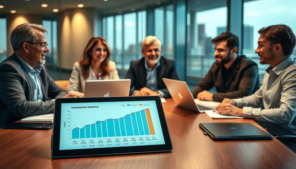 A professional setting for online insurance discussion, featuring a diverse group of three individuals—a woman and two men—sitting around a modern conference table with laptops and digital documents spread out. The foreground includes a large tablet displaying a graph of insurance costs, emphasizing online options. In the middle, the participants are engaged in conversation, with serious yet optimistic expressions. Soft, ambient lighting creates a warm atmosphere, highlighting the focus on financial security and collaboration. The background shows a glass wall with a city skyline, symbolizing the digital and modern aspect of online insurance. The camera angle captures the group from a slightly elevated position, giving an overview of the table's contents while maintaining a professional vibe.