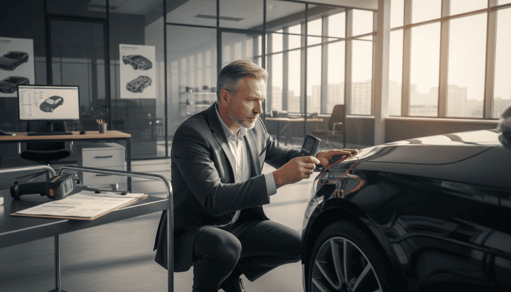 A professional setting showcasing a technical analysis of car damage, focusing on a middle-aged male automotive expert in business attire examining a vehicle's dented front hood. The foreground features detailed close-ups of tools like a damage assessment report and a digital measuring device, emphasizing precision. In the middle ground, a well-lit, spacious office environment with automotive posters and a computer displaying repair estimates adds context. The background includes large windows with natural light streaming in, creating an optimistic atmosphere. The mood is serious yet analytical, highlighting the importance of expert opinions in determining compensation for vehicle damage. The image should convey professionalism and trust, free from any text, logos, or watermarks.