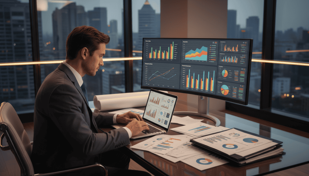 A professional setting showcasing a technical expert analyzing data related to compensation assessment. In the foreground, a focused man in a tailored suit, looking at documents and using a laptop, surrounded by blueprints and charts spilling onto a sleek, modern desk. The middle ground features a large monitor displaying graphs and technical metrics, illuminated by soft ambient lighting. In the background, large windows reveal a cityscape, suggesting a bustling office environment. The mood is serious yet hopeful, emphasizing the importance of technical expertise in the compensation process. The image is captured from a slight angle to create depth and draw attention to the expert's concentration, with warm lighting enhancing the professional atmosphere.