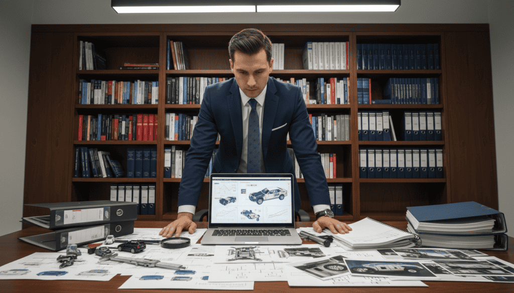 A professional setting showcasing a technical expert working diligently on a comprehensive report about vehicle damage assessment in an office environment. In the foreground, a well-dressed consultant, wearing business attire, is analyzing data on a laptop with technical diagrams and charts surrounding him. The middle ground features a large wooden desk cluttered with papers, tools, and documentation about vehicle components. In the background, a shelf filled with automotive manuals and technical books adds depth. The lighting is bright and focused, creating a clear, serious atmosphere that conveys professionalism and analytical precision. The camera angle is slightly tilted for dynamism, emphasizing the engaged posture of the expert. A professional setting showcasing a technical expert working diligently on a comprehensive report about vehicle damage assessment in an office environment. In the foreground, a well-dressed consultant, wearing business attire, is analyzing data on a laptop with technical diagrams and charts surrounding him. The middle ground features a large wooden desk cluttered with papers, tools, and documentation about vehicle components. In the background, a shelf filled with automotive manuals and technical books adds depth. The lighting is bright and focused, creating a clear, serious atmosphere that conveys professionalism and analytical precision. The camera angle is slightly tilted for dynamism, emphasizing the engaged posture of the expert.
